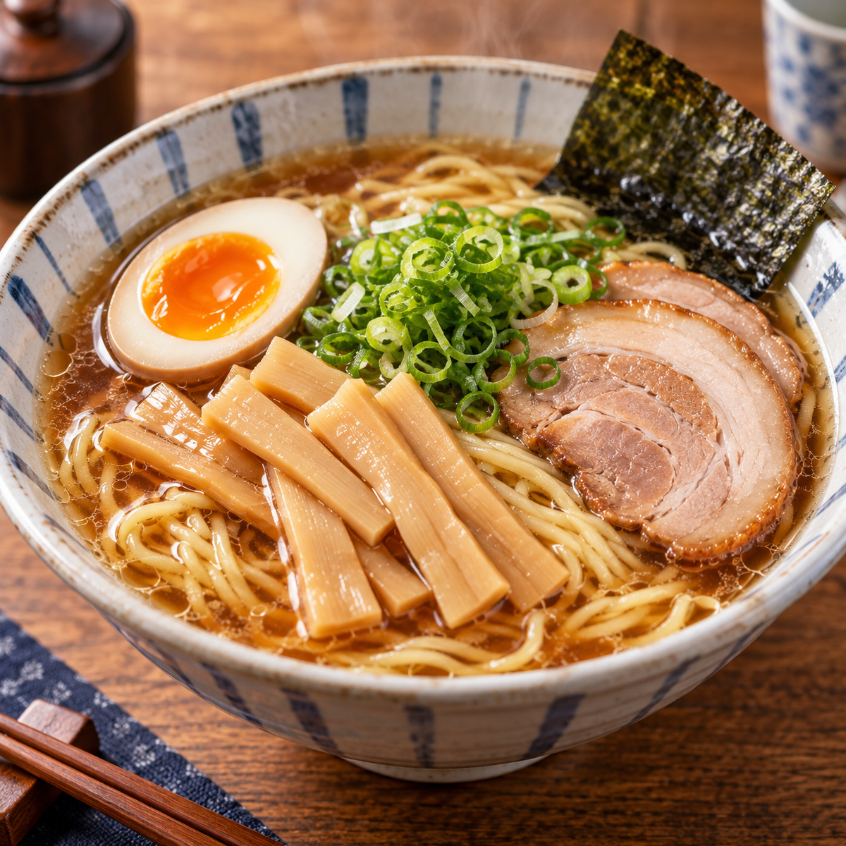 A bowl of ramen featuring the Marumatsu Ajitsuke Menma Seasoned Bamboo Shoots, amonst other ingredients, such as meat, an egg, and green onions.