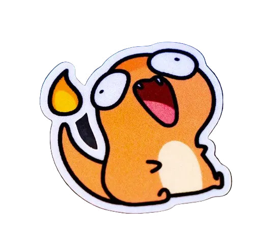 A derpy looking charmander die-cut sticker of an orange character with a flame on its head, shown on a white background