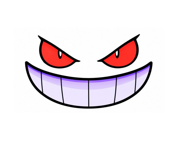 A cartoon-style evil grin face with red eyes and a wide purple-to-white grin outlined in black on a white background.
