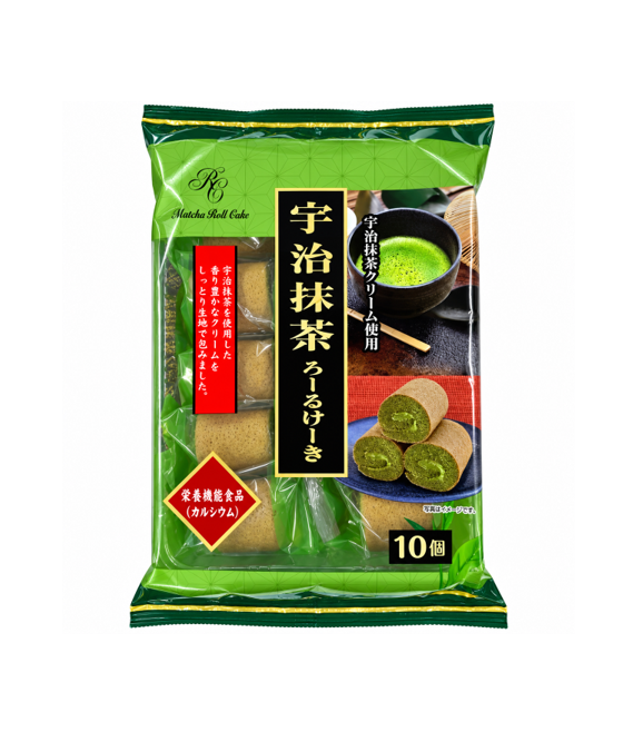 The front of the package of Yamauchi Uji Matcha Roll Cake. Semi see through so you can see the cakey texture of the rolls. Images on the package show a bowl of matcha, and a view of the rolls on a plate, showing the green cakey inside with a swirl of green matcha cream.