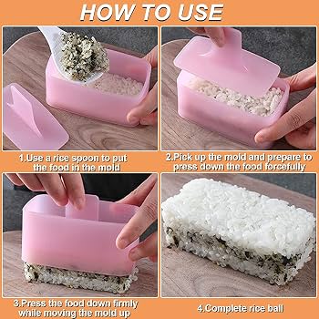 A four-panel instructional graphic titled 'HOW TO USE' showing hands demonstrating how to fill and press down a pink rectangular rice mold to make a rice ball, with step-by-step text overlays on a wood surface.