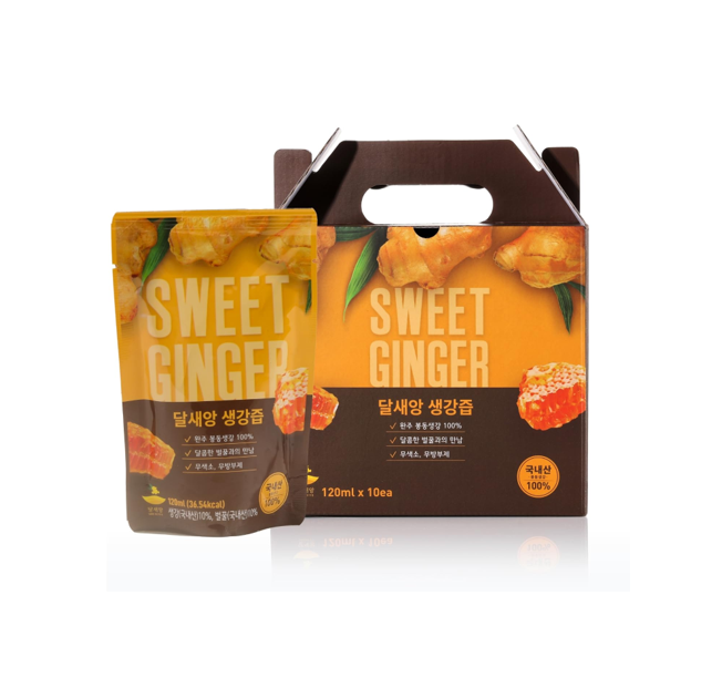 A package of Sweet Ginger honeycomb with a large brown and orange cardboard box and a matching single sachet pouch in front, shown on a clean white background with a soft reflection.