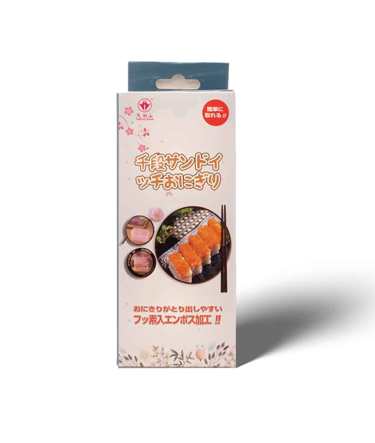 A boxed food product package photographed on a white background. The package is a tall rectangular carton with a blue top flap, Japanese text, floral graphics, and photos of sushi on the front.