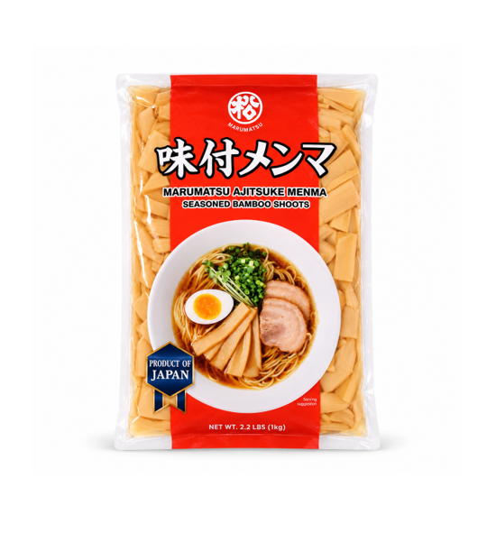 A package of Marumatsui Alitsuke Menma seasoned bamboo shoots, featuring a clear plastic bag with a bright red label and a bowl of ramen on the front, set against a plain white background.