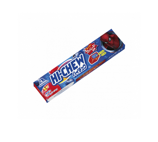 A red and blue stick of Morinaga Hi-Chew Spider Man Double Web. Features the Morinaga and Hi-Chew brand logos, as well as a diagram showing the 2 different flavours in each piece of candy. Apples and blueberries decorate the package, as well as an image of spiderman. 
