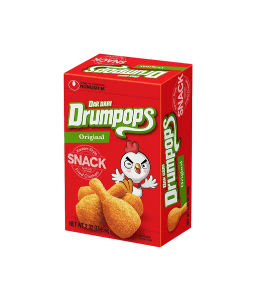 The front of the box of Nongshim Drumpops Chicken Leg Original Snack. It's a red box with a cartoon chicken and 3 chicken drumsticks. 