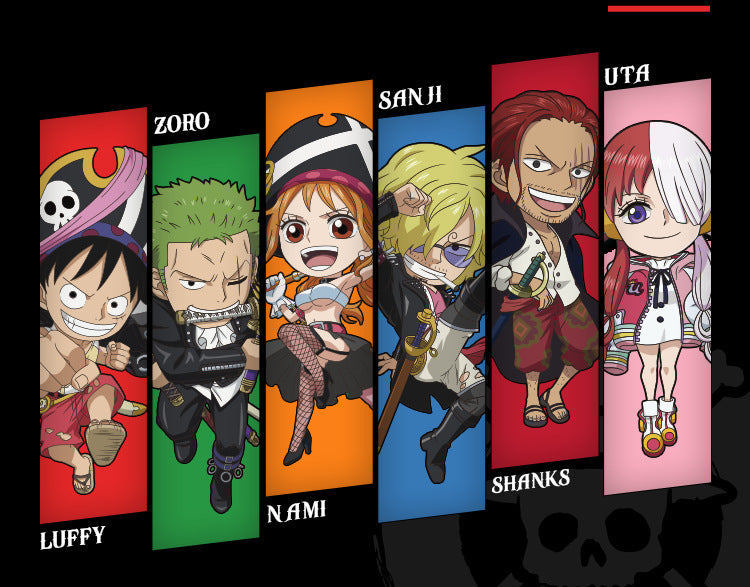 A product information poster for a One Piece themed metal wall hanging featuring chibi illustrations of Zoro, Sanji, Luffy, Nami, Shanks, and Uta. The top section shows the colorful character panels, while the bottom section contains Chinese text detailing product information, brand, dimensions, material, and specifications on a black background with a skull graphic.