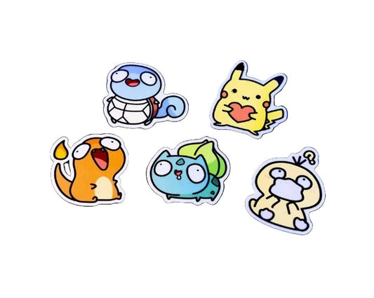 Five cute cartoon Pokémon-style stickers or patches on a plain white background, including blue, yellow, orange, and cream characters with white outlines.
