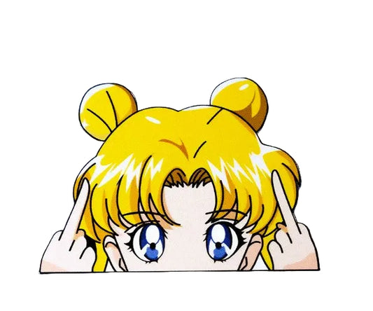 A die-cut vinyl decal featuring an Sailor Moonr with bright yellow hair and blue eyes, shown on a clear protective sheet over a white background