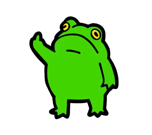 A bright green cartoon frog sticker or decal with yellow eyes and a black outline