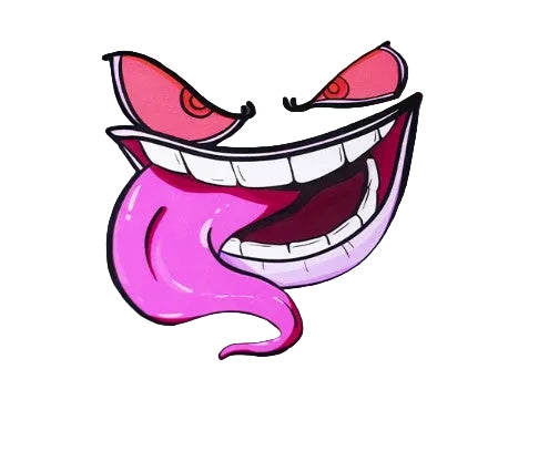 A cartoon-style sticker or decal featuring a wide, toothy grin with bright pink tongue, red eyes, and white teeth