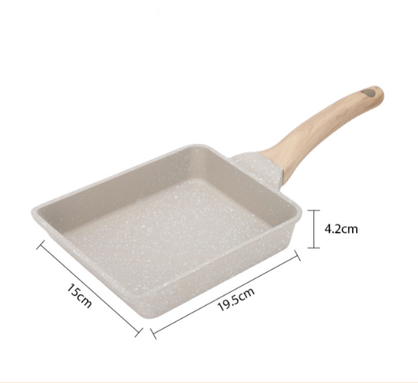 A square shallow frying pan with a speckled beige exterior and a light wood handle, shown on a white background with dimension lines indicating 15cm width, 19.5cm length, and 4.2cm height.