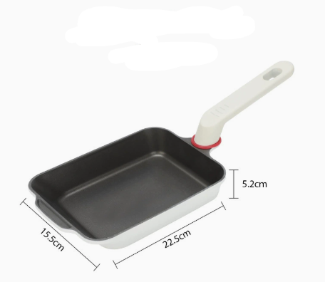 A rectangular frying pan with a black non-stick interior, white exterior, and a white handle with a red ring accent. Black dimension lines and text indicate measurements of 15.5CM width, 225.5CM depth, 5.2CM height.