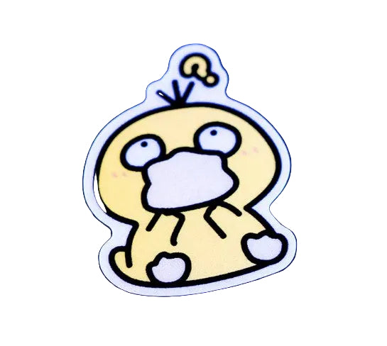 A die-cut vinyl sticker of a yellow cartoon duck character with a white belly, black outlines, and a question mark on its head, shown on a white background. 