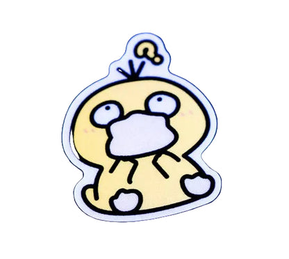 A die-cut vinyl sticker of a yellow cartoon duck character with a white belly, black outlines, and a question mark on its head, shown on a white background. 