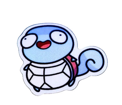 A die-cut vinyl sticker of the cartoon character Squirtle, featuring a light blue body, white shell, and red mouth, displayed on a white background