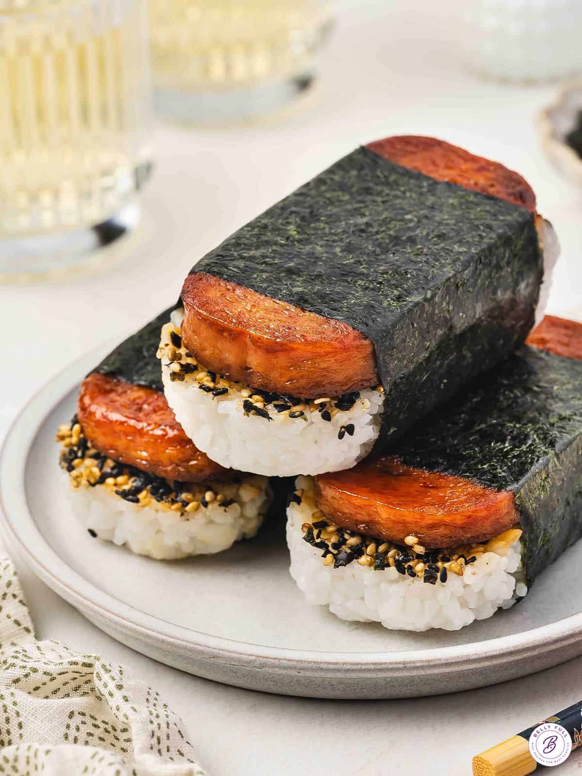 3 pieces Spam Masubi on a white plate