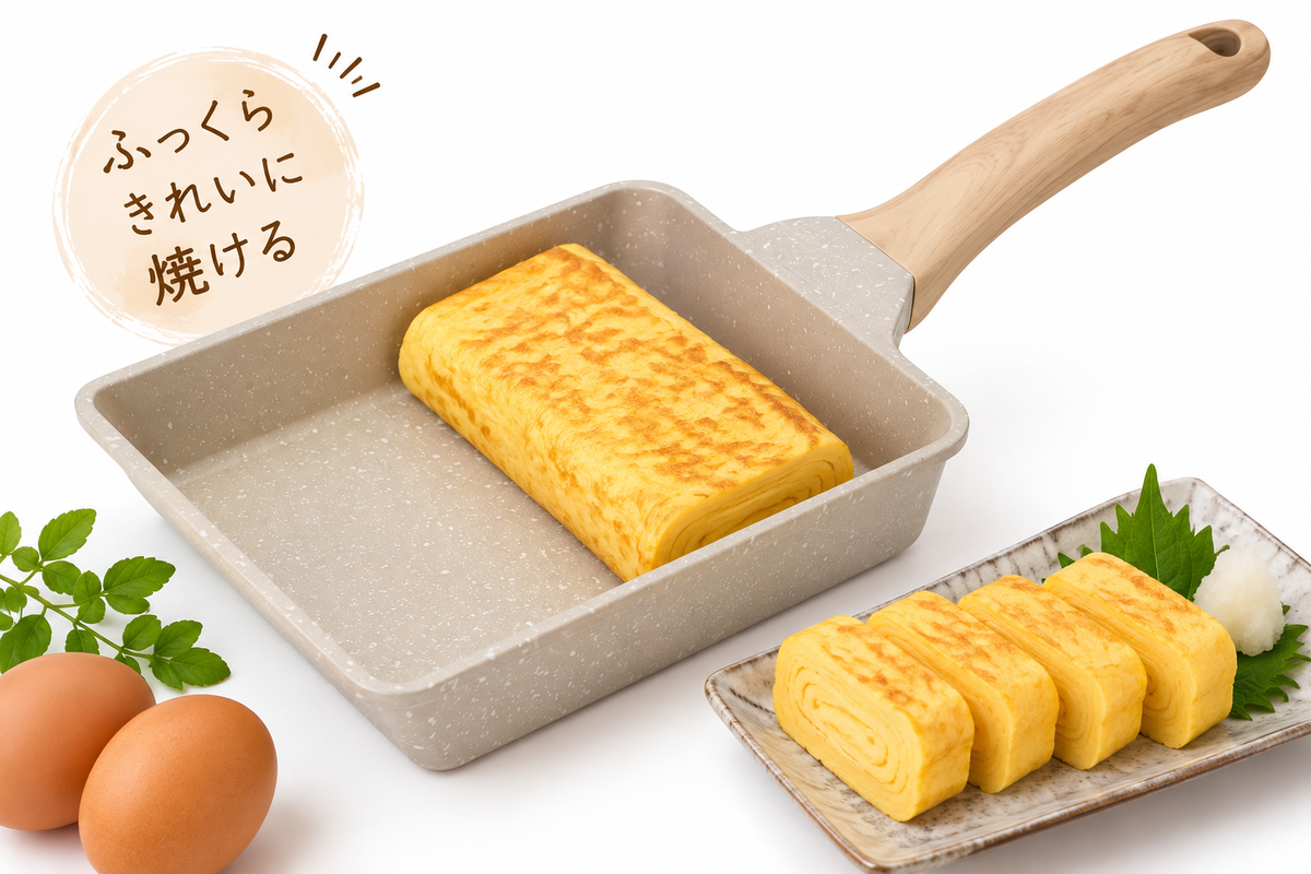 A square non-stick frying pan with a speckled beige exterior and a light wood handle, shown cooking an omelet. A plate with sliced omelets, green leaves, and two brown eggs are arranged around the pan on a white background, with Japanese text in the upper left.