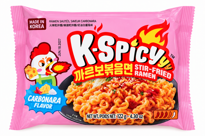 A pink package of K-Spicy Carbonara Ramun instant noodles, featuring a cartoon chicken, a bowl of spicy noodles, and bold white and red lettering on a clean white background.
