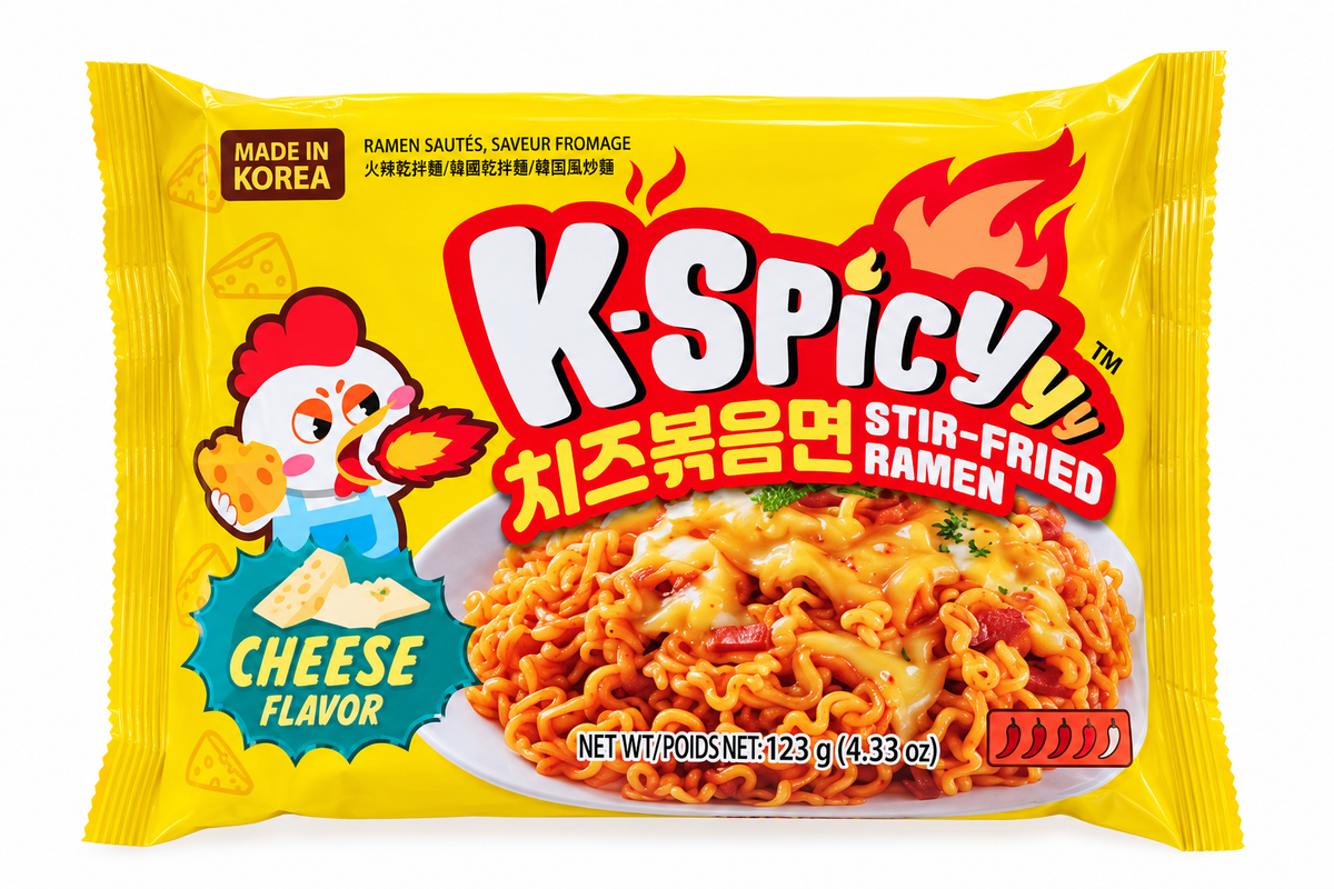 A package of K-Spicy Cheese Flavor Stir-Fried Ramen noodles, featuring a bright yellow wrapper with a cartoon chicken, flame graphics, and a photo of the cheesy, spicy noodle dish.